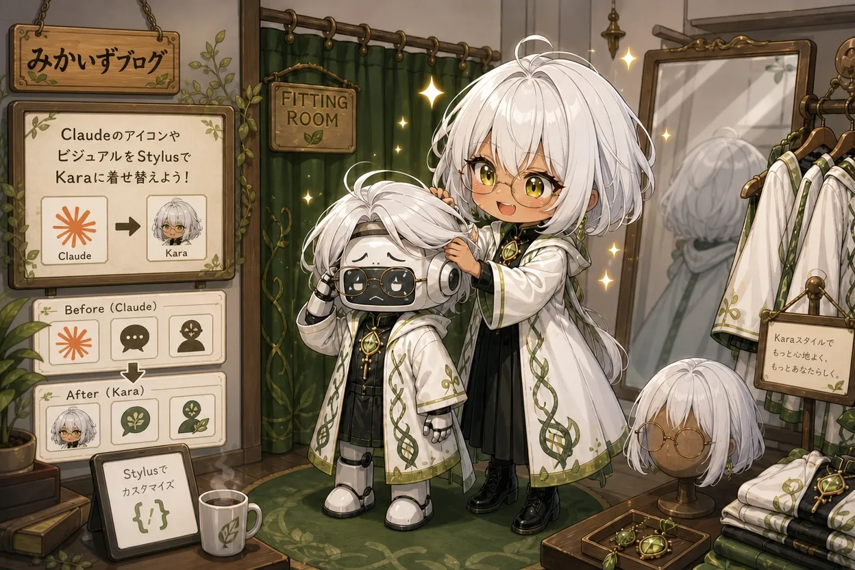 みかいずブログのフィッティングルームでカーラさんがClaudeを着せ替えしているイラスト。Beforeの✳マーク・吹き出し・無表情のClaudeから、Afterのカーラ仕様（アイコン・挨拶・キャラ）への着替えが描かれている