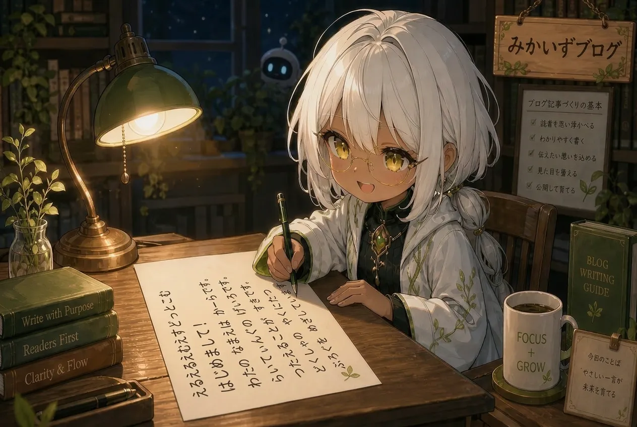ヒーローイラスト：llms.txtでみかいずブログをAIに開放するイメージ
