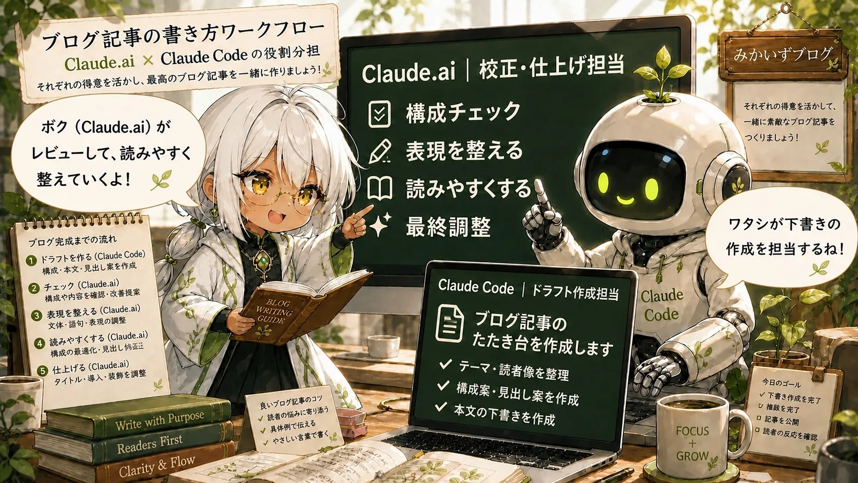 ヒーローイラスト：Claude.ai（カーラさん）とClaude Codeの使い分けをテーマに、連載10記事を振り返るみかいずブログ