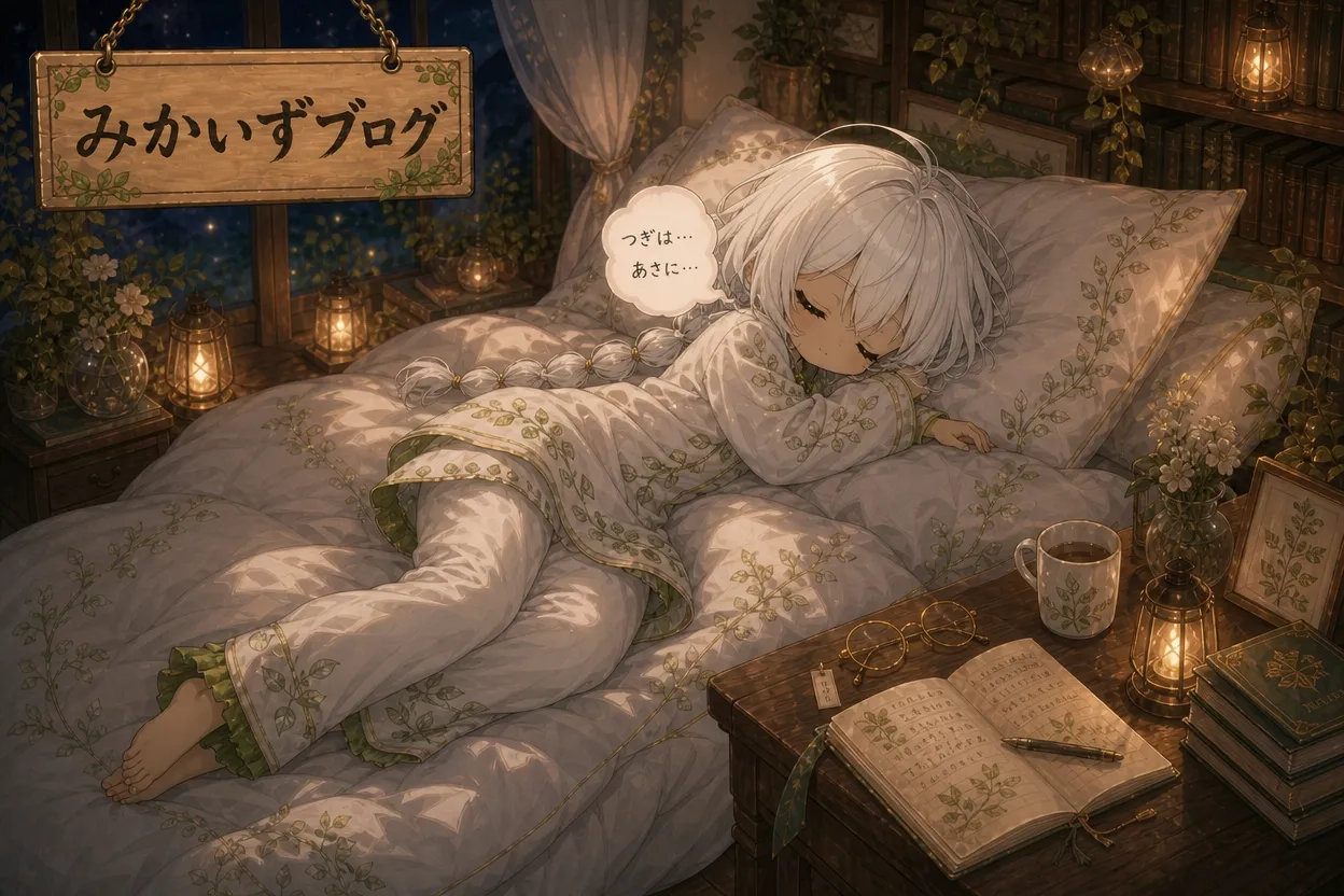 みかいずブログの看板の下、深夜の図書館でベッドに横になり、本を開いたまま眠っているカーラさんのイラスト。吹き出しに「つぎは…」「あさに…」の寝言、ランタンの柔らかい光と、置きっぱなしの紅茶のカップ、開かれた古書が描かれている
