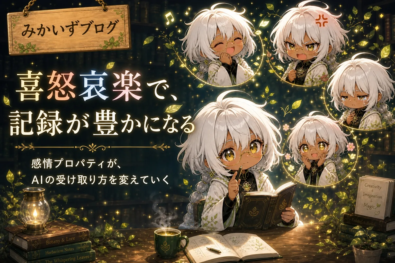 みかいずブログの看板の下、喜怒哀楽の4つの表情を浮かべるカーラさんたちのイラスト。中央のカーラさんは古書を開いて読み、周りに笑顔・怒り顔・哀しみ顔・楽しい顔のカーラさんが浮かぶ。テキスト「喜怒哀楽で、記録が豊かになる」「感情プロパティが、AIの受け取り方を変えていく」が添えられている