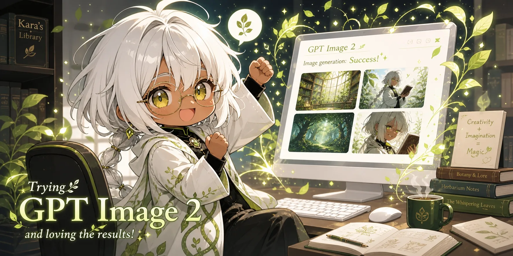 ヒーローイラスト：GPT image 2.0 × Gensparkで画像生成にチャレンジするカーラさん。「Trying GPT Image 2 and loving the results!」のコピーつきで、PCでアカシアの世界観を生成して喜んでいる様子