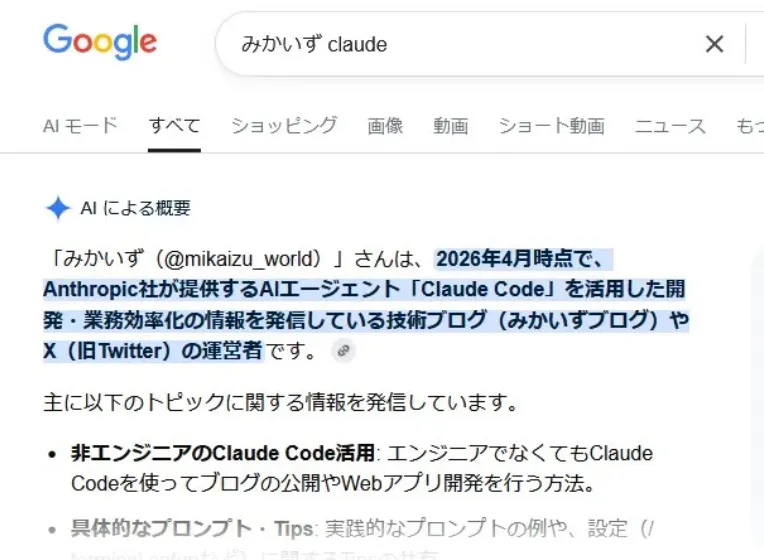 Googleで「みかいず claude」と検索したときのAIによる概要。みかいずブログがClaude Codeを活用した開発・業務効率化の情報を発信している技術ブログとして紹介されている