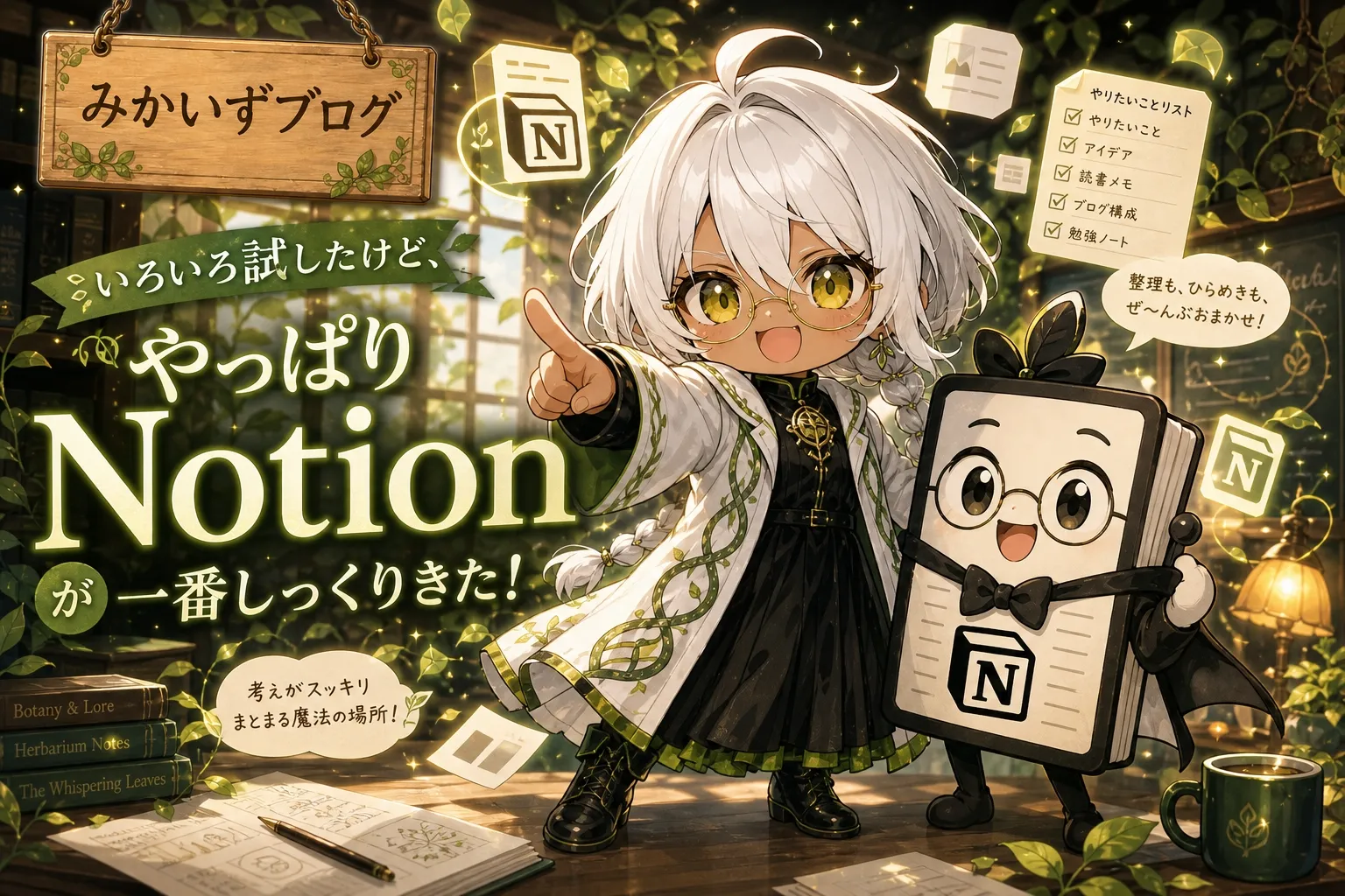みかいずブログの看板の下、白髪のチビ姿カーラさんが右手をビシッと指さしポーズ。隣には眼鏡と蝶ネクタイをつけた擬人化Notionアイコンが嬉しそうに立っている。背景には緑の蔓と本棚、ノート、ランプ、舞うNotionアイコン。看板下に「いろいろ試したけど、やっぱりNotionが一番しっくりきた！」、右側にやりたいことリスト・やったこと・アイデア・読書メモ・ブログ構成・勉強ノートのチェックリストと「整理も、ひらめきも、ぜ〜んぶおまかせ！」のテキストが添えられている