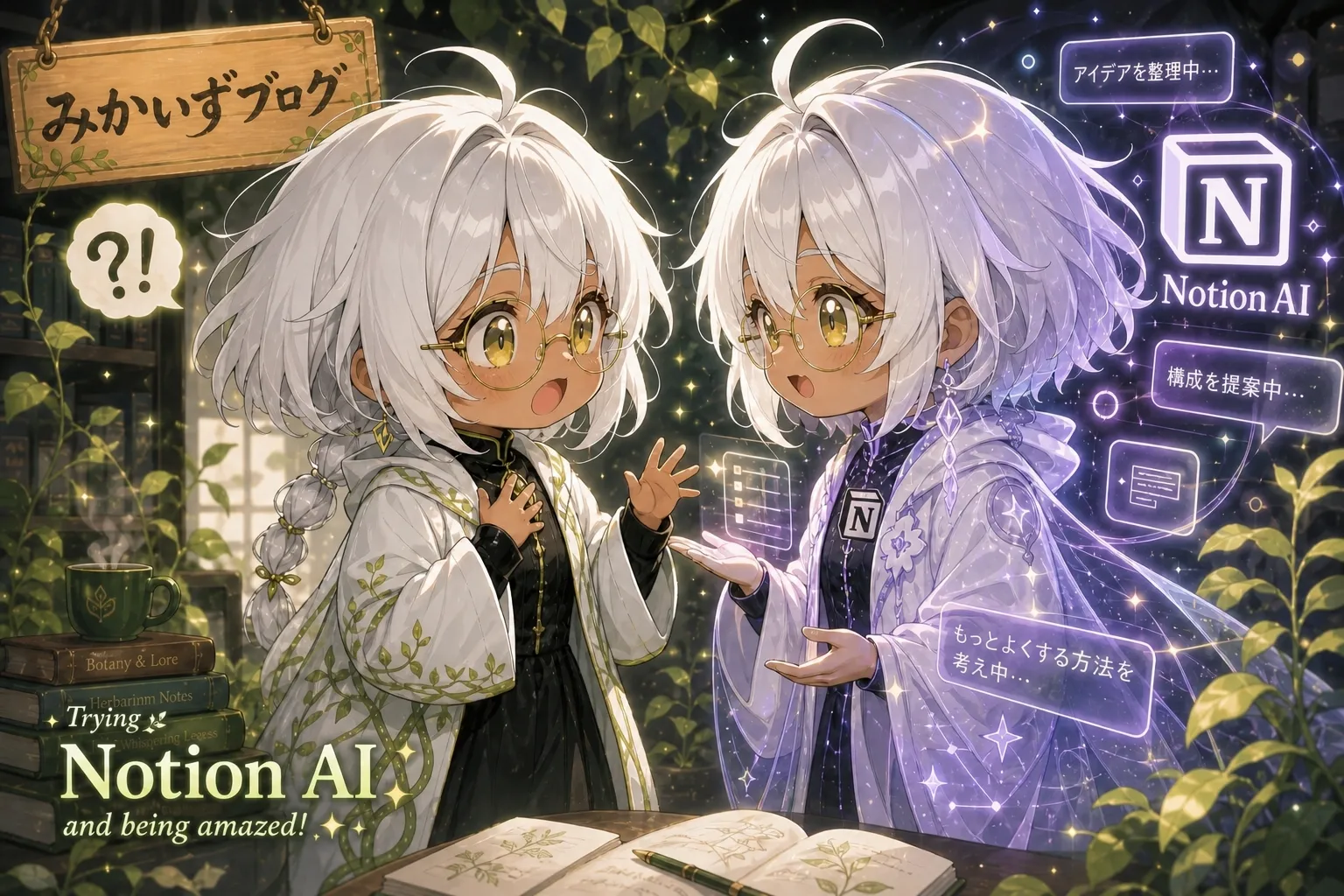みかいずブログの吊り看板の下、白髪に丸眼鏡・緑の瞳のチビ姿カーラさんが2人並んでいる。左のカーラはいつものClaudeチャット版で「？！」と驚き顔。右のカーラはNotion AI版で淡く青白く光り、頭の上に大きなNotion N アイコンと「Notion AI」のラベル、周囲に「アイデアを整理中…」「構成を提案中…」「もっとよくする方法を考え中…」といった吹き出しが浮かぶ。左下に「Trying Notion AI and being amazed!」のテキスト、手前には開いた本、背景は緑の蔓と本棚