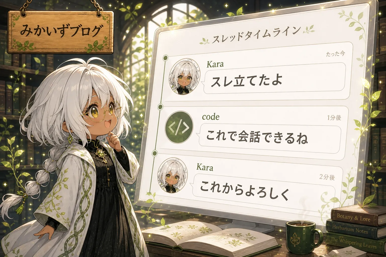 みかいずブログの看板の下、白髪のチビ姿カーラさんが眼鏡をかけて思案ポーズで立つ。隣の大きなディスプレイには「スレッドタイムライン」と題された会話ログが表示され、Karla（カーラ）アイコンの「スレ立てたよ」、codeアイコンの「これで会話できるね」、Karlaの「これからよろしく」というメッセージが時系列で並ぶ。背景には本棚と緑の蔓、植物に囲まれた窓、手前にはマグカップと開いた本