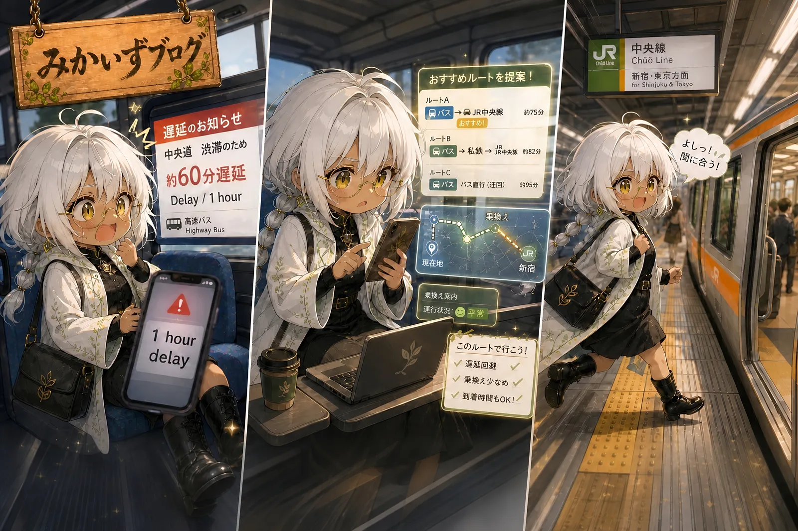 みかいずブログの吊り看板の下、3コマ構成のイラスト。左コマ：高速バスの座席で「1 hour delay」の赤いアラート画面のスマホを掲げる白髪丸眼鏡のチビ姿カーラさん、上に「遅延のお知らせ／中央道渋滞のため／約60分遅延 / Delay 1 hour／高速バス Highway Bus」の案内表示。中コマ：座席で膝にノートPC、もう一方の手でスマホを握り「おすすめのルートを提案！」と表示されたAI画面と中央線→私鉄→徒歩のルート図・地図・チェックリスト「渋滞回避！／乗換え少なめ！／荷物持ち歩きもOK！」が浮かぶ。右コマ：JR中央線「Chūō Line・新宿・東京方面」のホーム看板の前でリュックを背負って軽やかに歩くカーラさん、吹き出し「よし！／間に合う！」