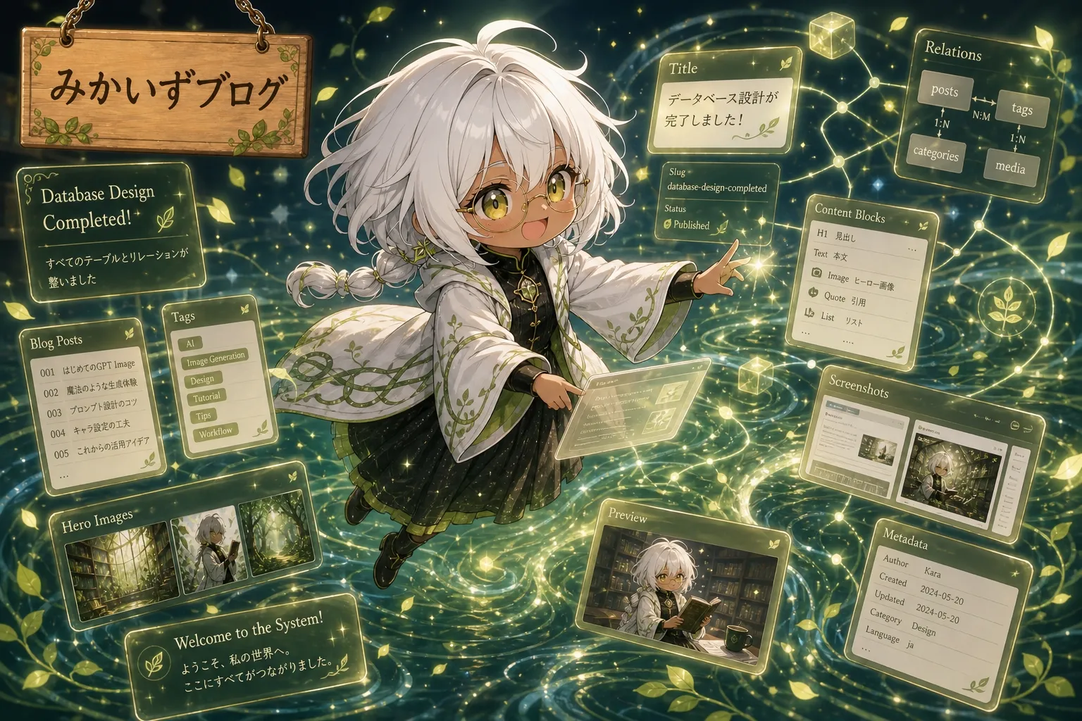 みかいずブログの看板の下、白髪のチビ姿カーラさんが両手を広げてポーズを取っている。周囲にはNotion/Supabase風のUIパネルが浮かび、Title「データベース設計が完了しました!」Slug「database-design-completed」Status「Published」Relations（posts/tags/categories/media）Content Blocks・Blog Posts一覧・Tags・Hero Images・Screenshots・Preview・Metadata などのプロパティが光の線で繋がっている。下部に「Welcome to the System! ようこそ、私の世界へ。ここにすべてがつながりました。」のメッセージ