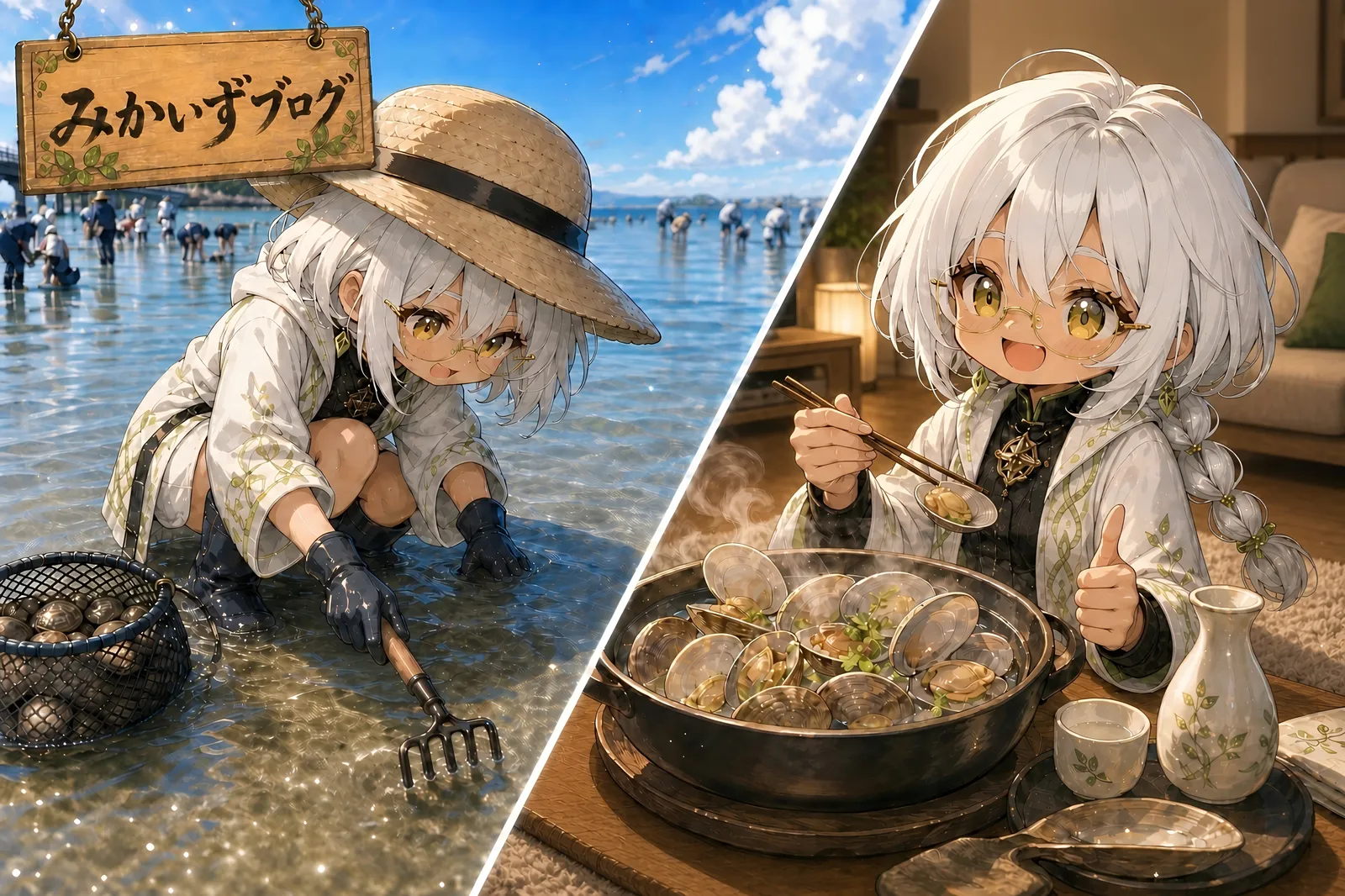みかいずブログの看板の下、二面構成のイラスト。左半分は浜辺のシーン：麦わら帽子に黒手袋・前掛けスタイルのチビ姿カーラさん（白髪に丸眼鏡・緑の瞳）が、熊手を握って腰を落とし、アサリでいっぱいの黒い網カゴを脇に置いている。背景に他の潮干狩り客と青空、波打ち際。右半分は自宅のシーン：同じカーラさんがちゃぶ台前で湯気の立つアサリの酒蒸し鍋を箸で取り上げ、満足げに親指を立てている。横にはとっくりとお猪口、湯呑み。窓から夕暮れの柔らかな光。看板に「みかいずブログ」
