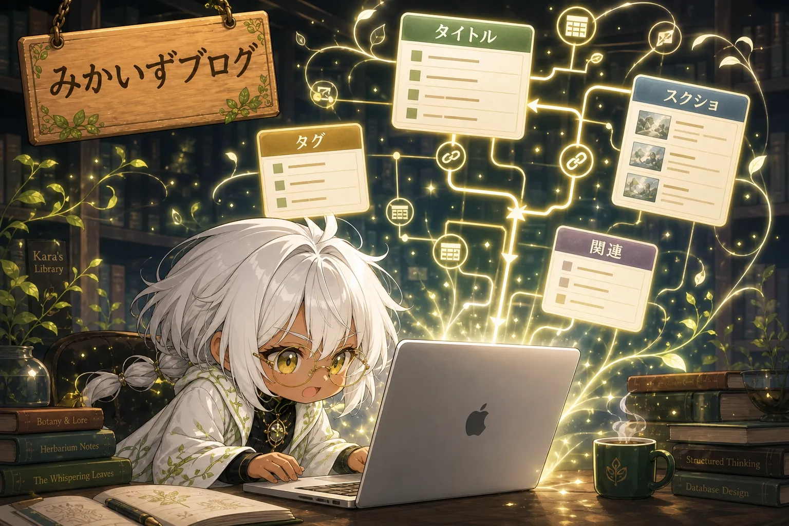 みかいずブログの看板の下、チビ姿のカーラさんがMacBookに向かっている。背景には「タイトル」「タグ」「スクショ」「関連」と書かれたテーブルが光の線で繋がり、リレーショナルデータベースの構造が浮かび上がっている。横には「Karla's Library」と書かれた本棚と湯気の立つマグカップ