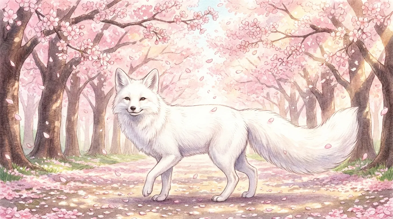 Higgsfieldで生成した、桜並木を歩く白狐の水彩風イラスト。短い指示「白い狐が桜並木の下を歩いているイラスト」だけで生成した低品質パターンの例