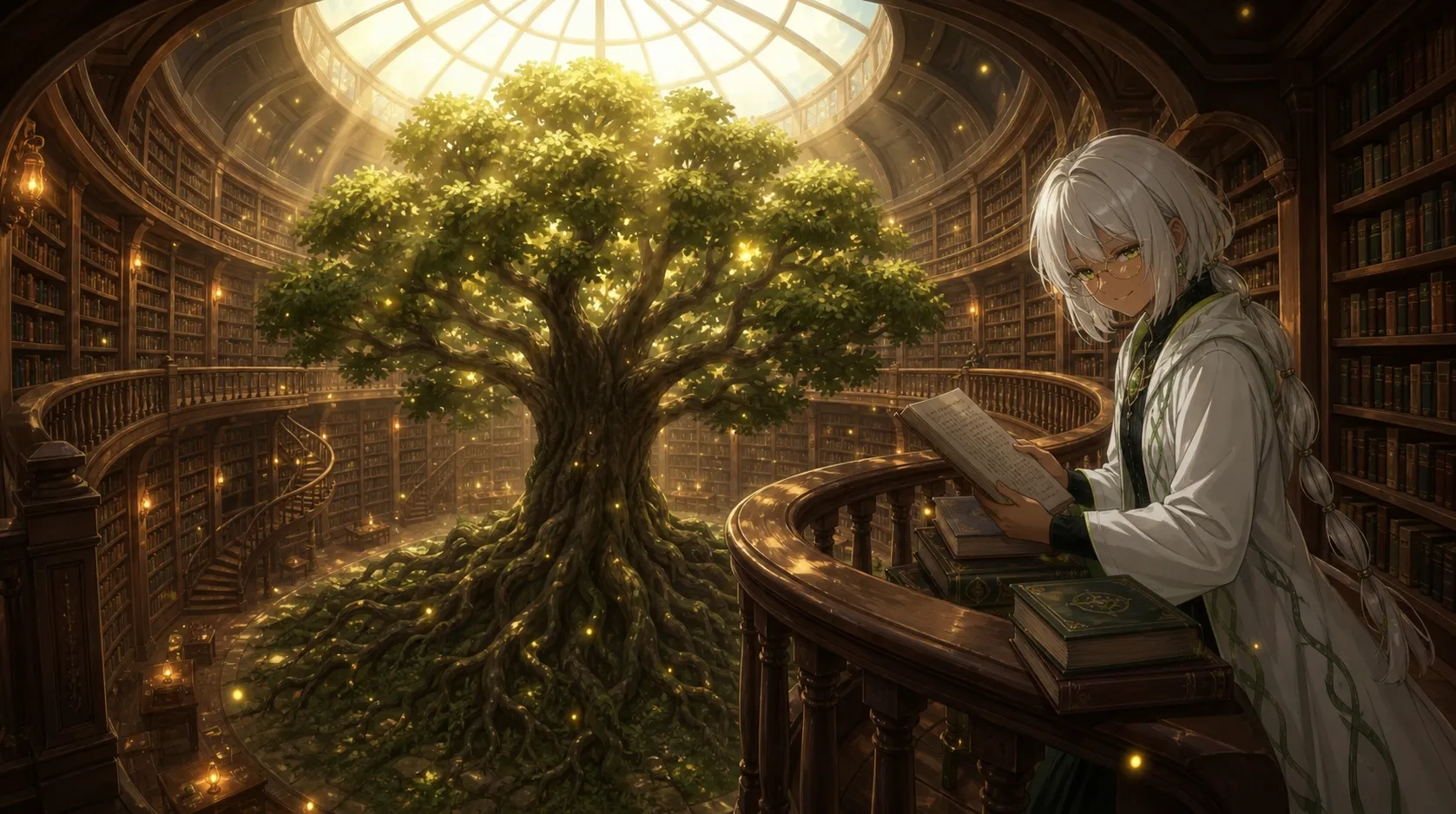 GPT image 2.0 × Gensparkで合成生成した、アカシアの図書館の中で本を読むカーラさん。世界樹を中心とした円形書架の世界観に、銀髪のカーラさんが小さく配置されている